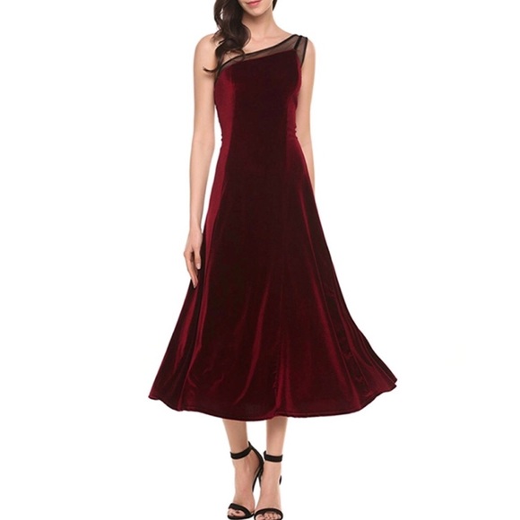 Acevog Dresses & Skirts - One Shoulder Velvet A-Line Dress Wine Red NWT sz L